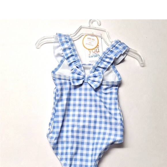 New! Carter's Baby Girl One Piece Swimsuit Blue Gingham Plaid Ruffle & Bow - Picture 3 of 7